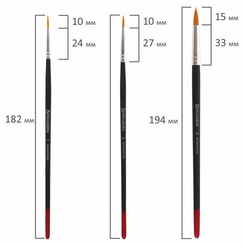 Набор кистей Brauberg, синтетика, круглые №1,2,5, плоские №5,8, блистер 5шт. (200219)