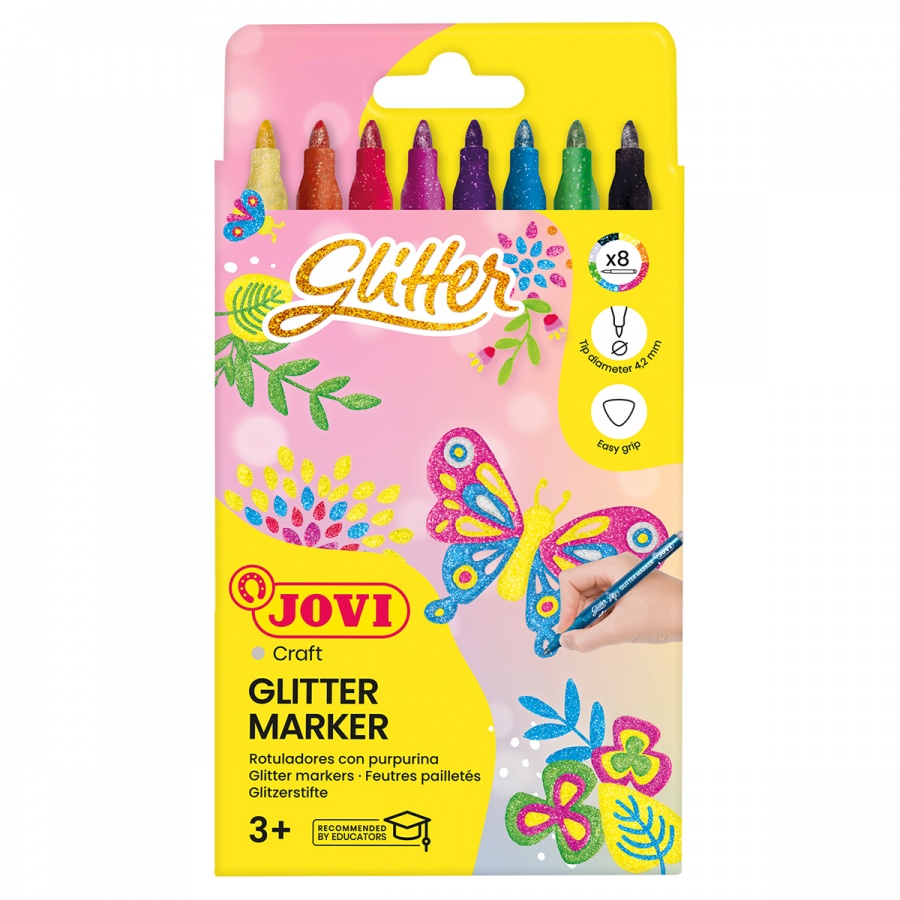 Набор фломастеров 8 цветов Jovi Glitter (линия 2мм, смываемые, с блестками) картон (1608G), 24 уп.