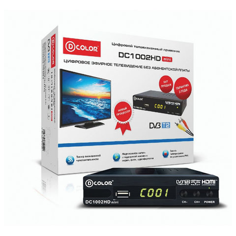 Приставка для цифрового ТВ DVB-T2 D-Color DC1002HD, RCA, HDMI, USB, дисплей, пульт ДУ