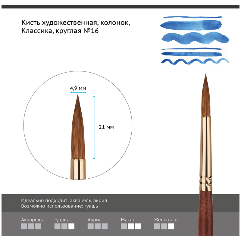 Кисть художественная Гамма &quot;Классика&quot;, колонок, круглая, №16 (201016), 600шт.