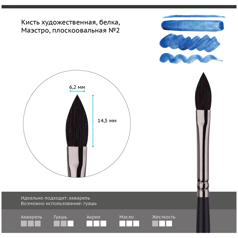 Кисть художественная Гамма &quot;Маэстро&quot;, белка, плоскоовальная, №2 (103002), 600шт.