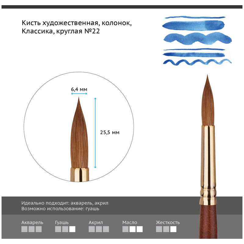 Кисть художественная Гамма &quot;Классика&quot;, колонок, круглая, №22 (201022), 600шт.