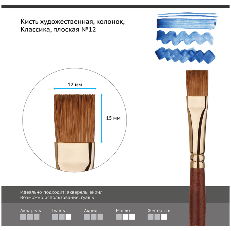 Кисть художественная Гамма &quot;Классика&quot;, колонок, плоская, №12 (202012), 12шт.