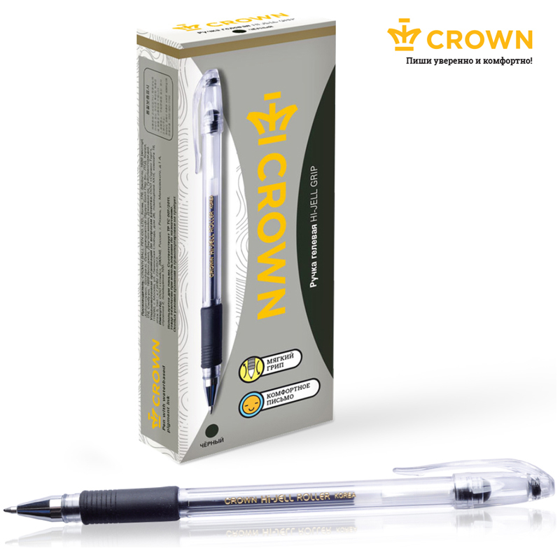 Ручка гелевая Crown Hi-Jell Grip (0.35мм, черная, грип) (HJR-500RB)