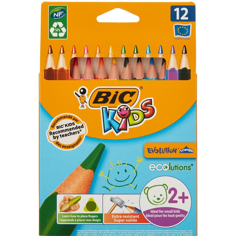 Карандаши цветные 12 цветов BIC Kids Evolution Triangle (L=175мм, D=10мм, d=4.3мм, 3гр, пластик) картонная упаковка (8297356), 1536 уп.