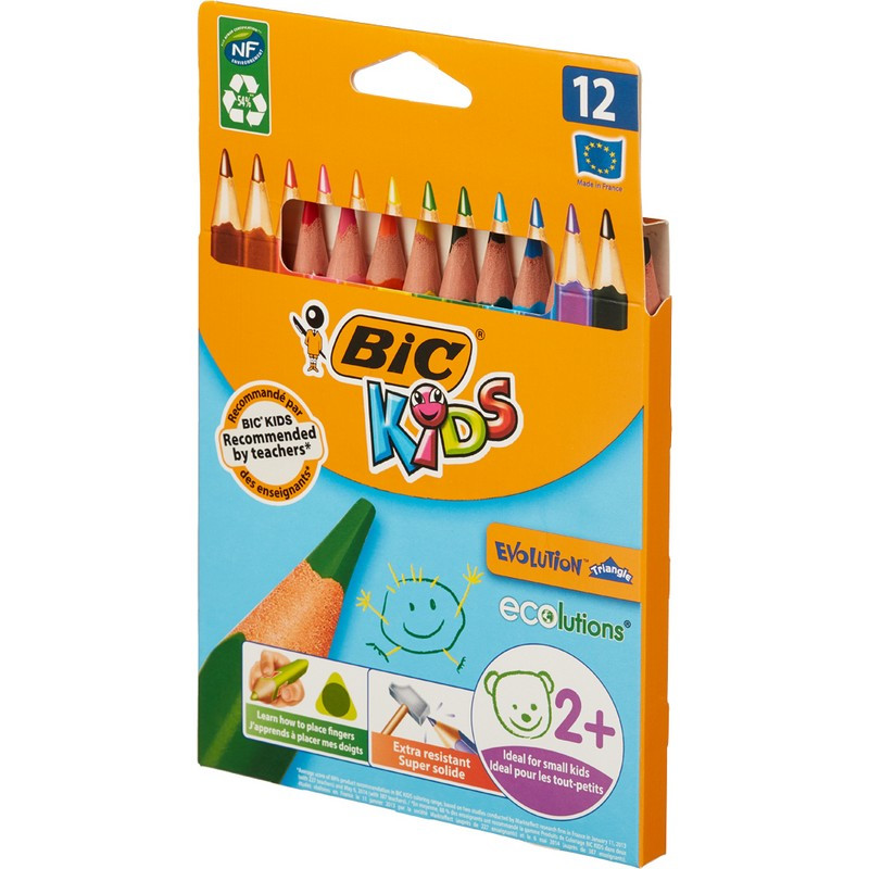 Карандаши цветные 12 цветов BIC Kids Evolution Triangle (L=175мм, D=10мм, d=4.3мм, 3гр, пластик) картонная упаковка (8297356), 1536 уп.